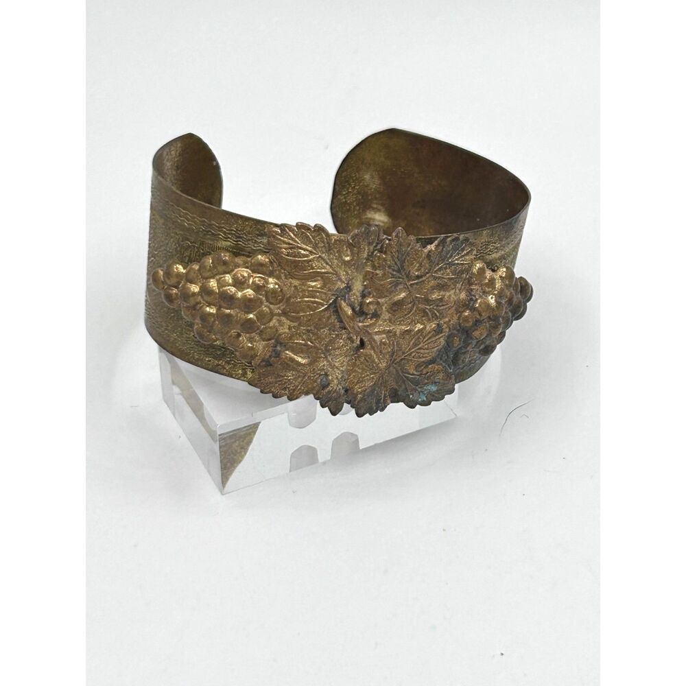 Vintage Brass Victorian Revival Cuff Bracelet Grapes Leaves Embossed
